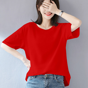 红色纯棉宽松胖妹妹大码短袖t恤女中长款夏季休闲简单体恤半截袖