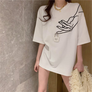 下衣失踪风宽松中长款白色短袖t恤女装2021新款下半身百搭上衣潮