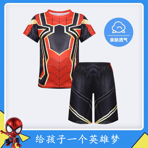 六一蜘蛛侠的衣服儿童夏季短袖cos男童套装钢铁侠演出服装男孩t恤