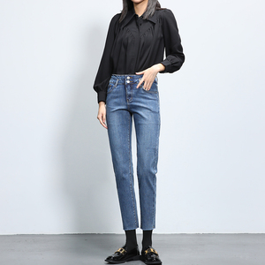 复古蓝高腰牛仔裤女2022年春季新款修身显瘦小个子八分直筒烟管裤