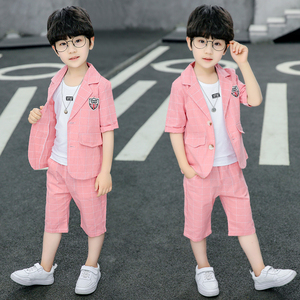 男童夏季小西装三件套2024新款中大童洋气休闲礼服短袖套装韩版潮