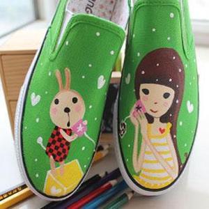 秋天半拖鞋绿色卡通手绘帆布鞋兔子凉拖女式韩版女生半托可爱鞋子