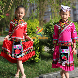 绣花贝壳女童装云南少数民族服装羌族傈僳族儿童套装玫红大红双色