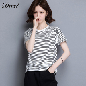 夏装新款纯棉低领小清新细横条纹百搭短袖t恤短款全棉上衣女短款