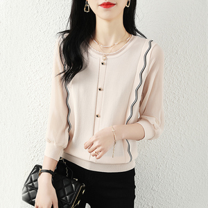 冰丝中袖女上衣七分袖针织衫薄款春夏新款洋气质蕾丝网纱t恤短款