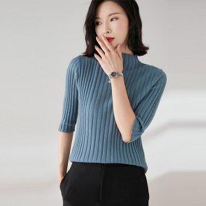 半高领羊毛衫女秋季薄款竖坑条中袖上衣修身短款七分袖针织衫毛衣