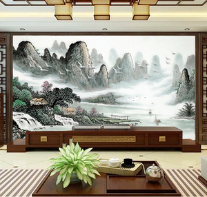 8d电视背景墙新中式壁画水墨山水画墙纸客厅沙发影视装饰大气壁纸
