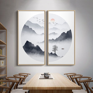 水墨山水客厅沙发背景墙装饰画新中式玄关挂画茶室书房禅意组合画