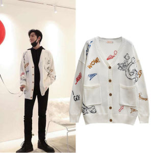 肖战同款衣服白色涂鸦秋冬毛衣女宽松慵懒风刺绣针织开衫情侣外套