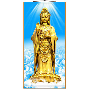 普陀山观音铜像卷轴挂画 观世音菩萨画像 佛堂客厅佛像画高清结缘
