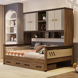 实木衣柜床多功能床柜子一体组合床书架床全实木儿童床男孩单人床
