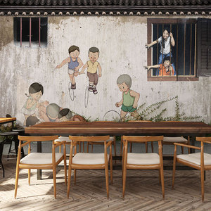 火锅店烧烤串串香背景墙纸致青春80年代主题餐厅网红砖墙老街壁纸