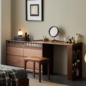 黑胡桃木梳妆台斗柜一体式北欧实木化妆桌原木风卧室床头柜床尾柜