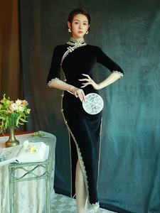 黑色旗袍2022年新款改良版长袖连衣裙高端气质复古中国风长款女秋