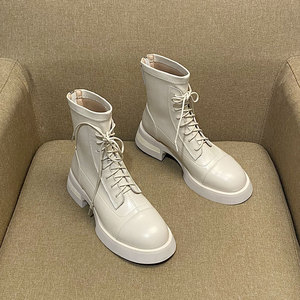 欧洲站白色马丁靴女厚底显瘦绑带短靴舒适百搭休闲矮靴软面皮女靴