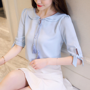 帛琳中袖雪纺衫女时尚小清新双层荷叶娃娃领蝴蝶结系带百搭上衣夏