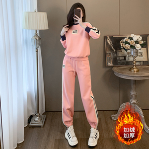 春秋季粉色休闲运动套装女2024新款时尚加绒加厚卫衣两件套高级感