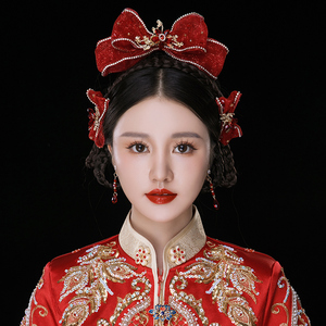 新款红色蝴蝶结发夹秀禾服头饰新娘造型中式简单大气结婚敬酒发饰