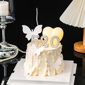 520情人节发光爱心灯蛋糕装饰摆件珍珠钻520情侣告白白色蝴蝶插件