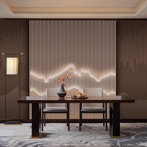 新中式木格栅墙板山水造型装饰护墙板客厅立体茶室电视背景炭晶板