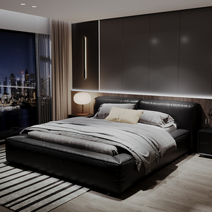 真皮床豆腐块床头软包床现代简约高端黑色意式极简18主卧大床轻奢