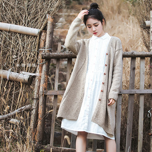 女装森女系宽松长款开衫女 韩版温柔风v领毛衣单排扣针织外套女