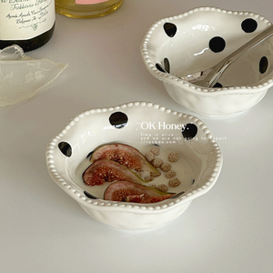 日式ins风黑白波点手捏不规则陶瓷碗家用早餐碗燕麦酸奶甜品碗