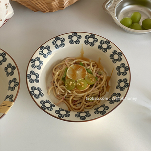 复古日式小蓝花沙拉深盘意面陶瓷汤饭碗家用圆形拉面碗反口盘子