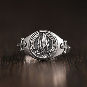 S925纯银新款祈祷之手戒指男士潮个性创意复古时尚送男友开口指环