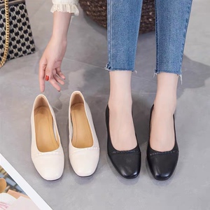 保罗骑士女鞋2022新款女单鞋真皮休闲粗跟低跟软底浅口气质女皮鞋