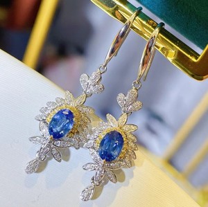 18k白金真钻石天然蓝宝石耳坠耳环耳钩女华丽高贵优雅1克拉保真