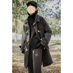 荃白日式复古牛角扣大衣红色中长款显瘦夹棉加厚外套2020新年女装