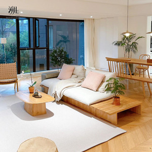 北欧实木沙发民宿日式榻榻米卡座原木客厅布艺长沙发茶几组合定制