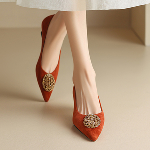 FaWink2024年春秋法式红色高跟鞋尖头细跟浅口磨砂气质单鞋女婚鞋