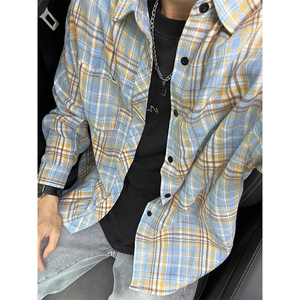 美式复古黄蓝格子衬衫男款高级感长袖格纹衬衣cleanfit夏季薄外套
