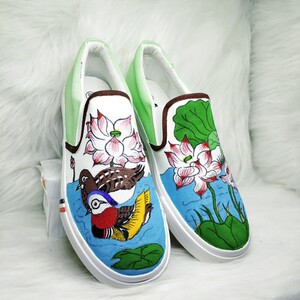 中国风荷花莲花朵手绘鞋子女士成熟青色彩绘帆布鞋板鞋秋天小清新