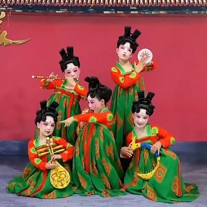 唐宫夜宴汉服儿童执镜佣舞蹈表演女童古装中国风汉唐古典舞演出服