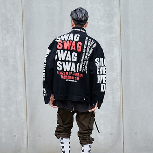 原宿风嘻哈牛仔外套男潮牌宽松大码bf风欧美街头潮流秋季夹克衫