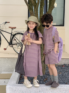 儿童套装兄妹装圆领条纹短袖短裤两件套2024夏季新款洋气韩国童装