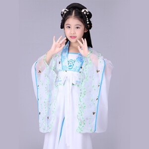 古装女童汉服女童拖地长裙六一儿童唐装仙女表演服古代公主古筝粉