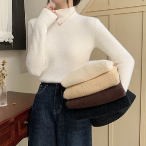白色水貂绒软糯毛衣女秋冬半高领内搭修身高级感针织打底衫上衣春