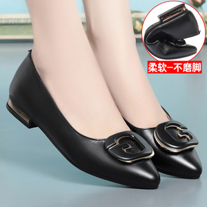 春季新款真皮单鞋大码妈妈鞋平底女士皮鞋浅口尖头女鞋平跟工作鞋