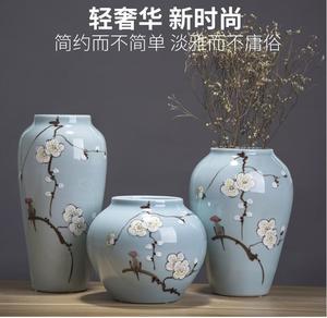 陶瓷花瓶摆件三件套新中式小鸟艺术品陶艺陶罐竹节花器皿花瓶包邮