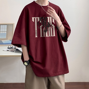 暗红色短袖T恤男夏季美式小领口潮牌七分袖260g大码重磅纯棉半袖