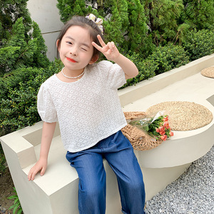 夏季女童短袖衬衣5-8岁小女孩镂空刺绣后背系带短袖衬衫宝宝上衣