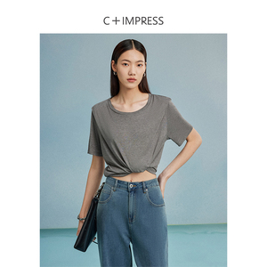 C+IMPRESS/西嘉天丝+桑蚕丝进口岛精36针 圆领双肩设计桑蚕丝T恤