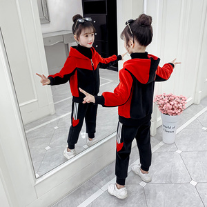 女 童网红套装冬装新款洋气运动中大童加绒加厚儿 童金丝绒两件套