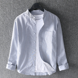 日系复古无领长袖衬衫男春秋立领宽松休闲圆领牛津纺纯棉衬衣外套