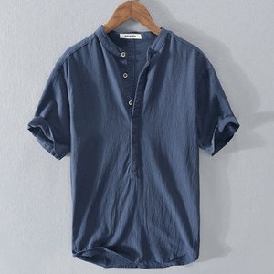 夏季棉麻布上衣服男装日系复古亚麻短袖t恤男青年立领休闲体恤衫