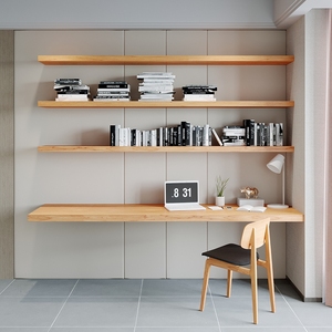 一字板书桌书架组合简约家用实木风双人学生写字台墙上壁挂电脑桌